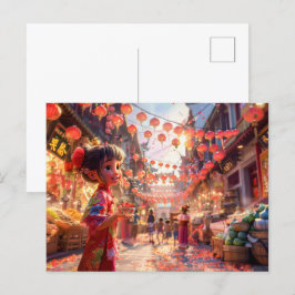 Tecknad Girl with Porcelain Bowl of Strawbär at Helg Vykort