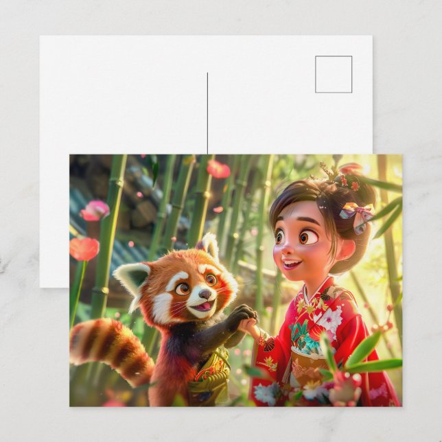 Tecknad Girl with Red Panda in Play Scene Helg Vykort (Fram/baksida)