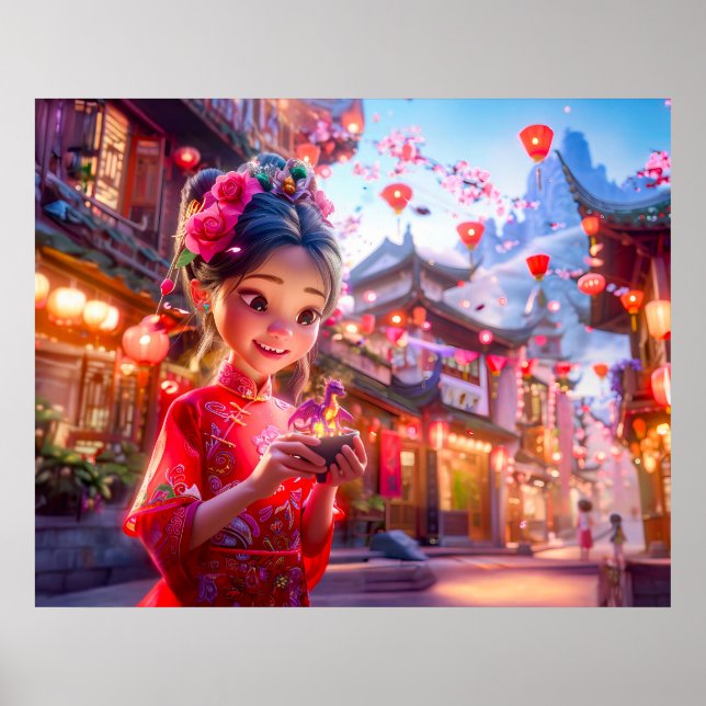 Tecknad Girl with Small Hand Dragon Fantasy Poster (Framsidan)