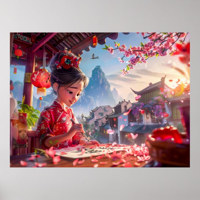 Tecknad Girl Writing Calligraphy i maj Poster (Framsidan)