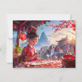 Tecknad Girl Writing Calligraphy i maj Vykort