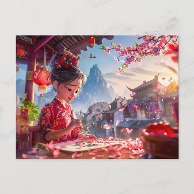 Tecknad Girl Writing Calligraphy i maj Vykort (Framsida)