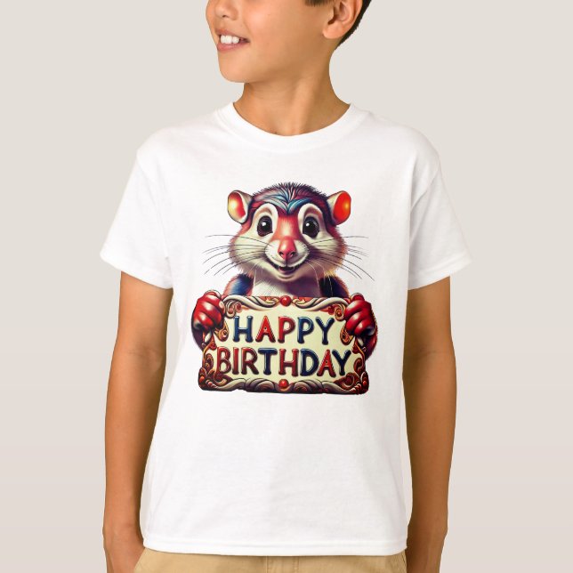 Tecknad Glad Födelsedag Mus Illustration T Shirt (Framsida)