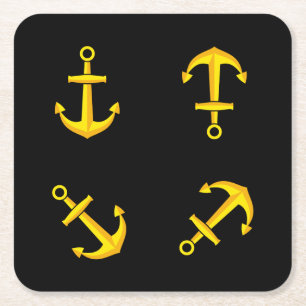 Tecknad Golden Boat Anchor Set Underlägg Papper Kvadrat