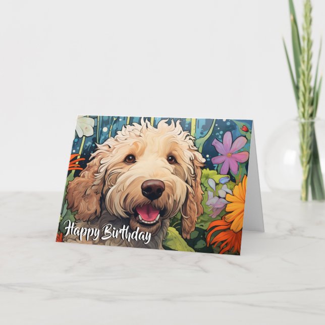 Tecknad Goldendoodle i en Garden-Anpassningsbar Kort (Framsida)