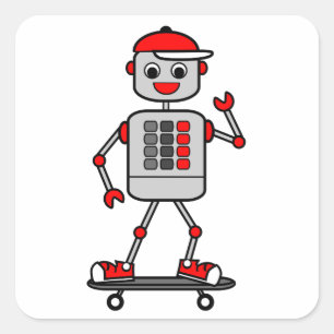 Tecknad Grått Robot Wearing Red Cap på Skateboard Fyrkantigt Klistermärke