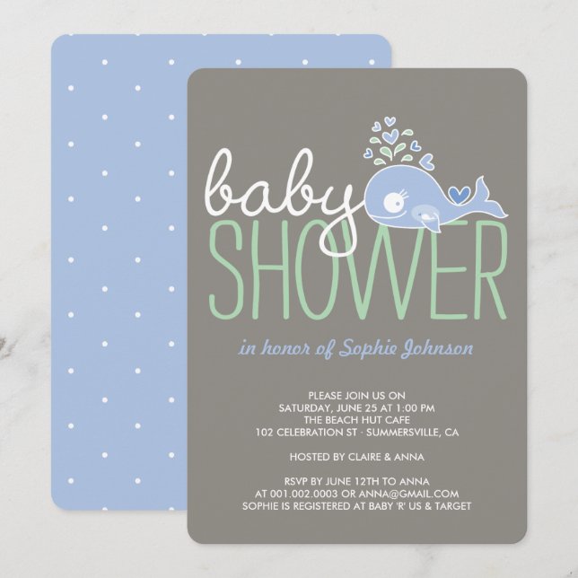 Tecknad Gravid Blue Mamma Whale Boy Shower Inbjudningar (Fram/baksida)
