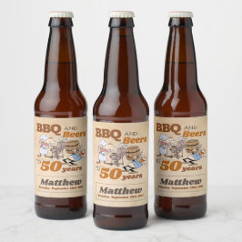 Tecknad grillfest och öl 50-årsdag Rustik Ölflaska Etikett