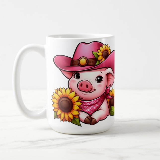 Tecknad Gris med Rosa Hat och solblommor Kaffemugg (Vänster)