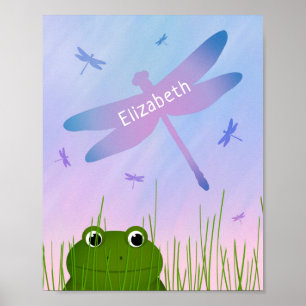 tecknad groda peekar genom gräs drakflugor flickor poster