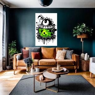 Tecknad grönt monster ett öga AI Art Poster