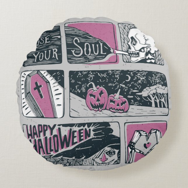 Tecknad Halloween: Roligt Illustration Rund Kudde (Framsidan)