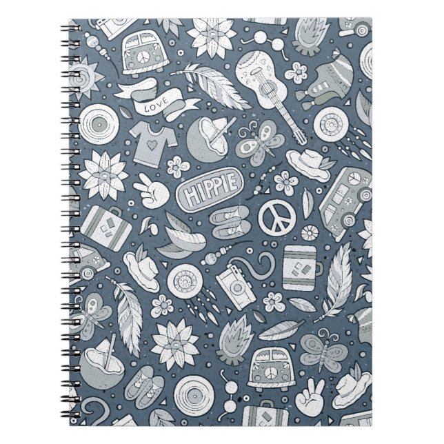 Tecknad hand plockade hippie doodles sömlös mönste anteckningsbok (Framsidan)