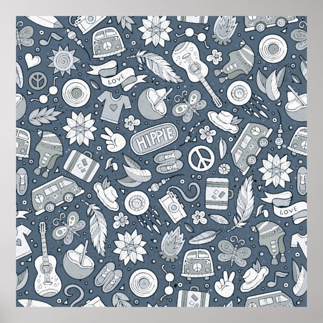 Tecknad hand plockade hippie doodles sömlös mönste poster (Framsidan)