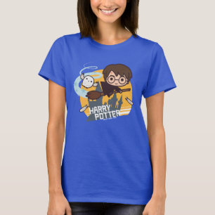Tecknad Harry and Hedwig Flies Past Hogwarts T-shirt