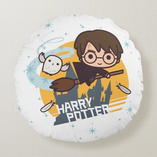Tecknad Harry och Hedwig flyg förgångna Hogwarts Rund Kudde (Framsidan)