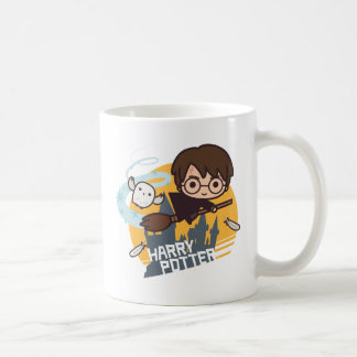 Tecknad Harry och Hedwig flygande förbi Hogwarts Kaffemugg