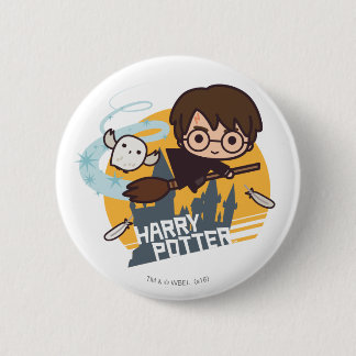 Tecknad Harry och Hedwig flygande förbi Hogwarts Knapp