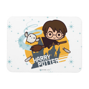 Tecknad Harry och Hedwig flygande förbi Hogwarts Magnet
