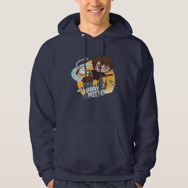 Tecknad Harry och Hedwig flygande förbi Hogwarts Sweatshirt (Framsida)
