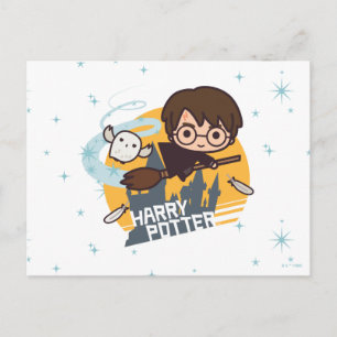 Tecknad Harry och Hedwig flygande förbi Hogwarts Vykort