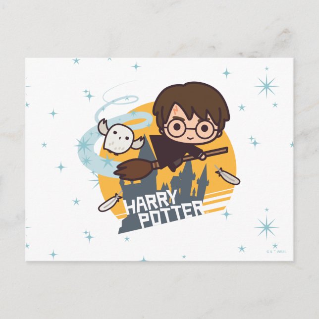 Tecknad Harry och Hedwig flygande förbi Hogwarts Vykort (Framsida)