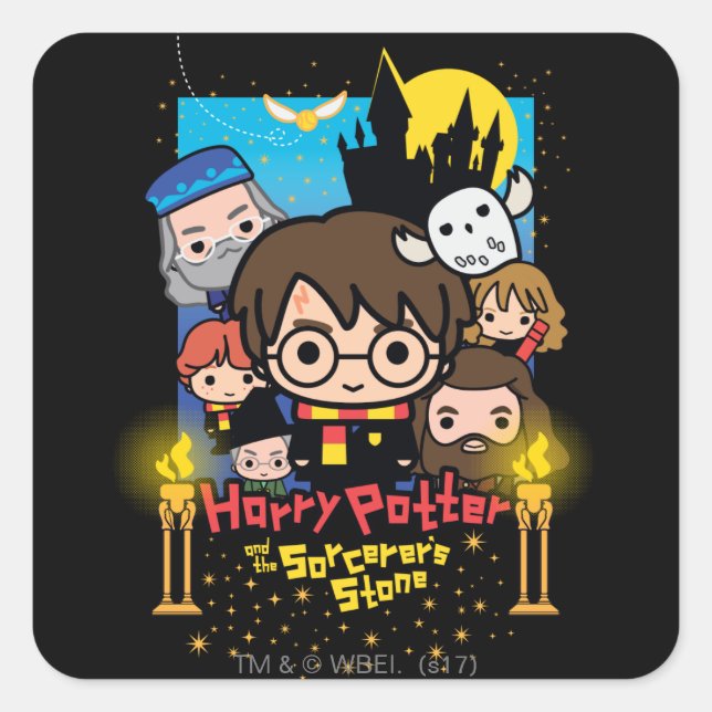 Tecknad Harry Potter och trollkarl sten Fyrkantigt Klistermärke (Framsida)