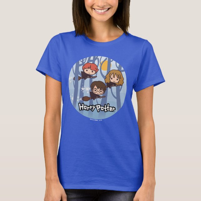 Tecknad Harry, Ron & Hermione flyg i skogen T-shirt (Framsida)