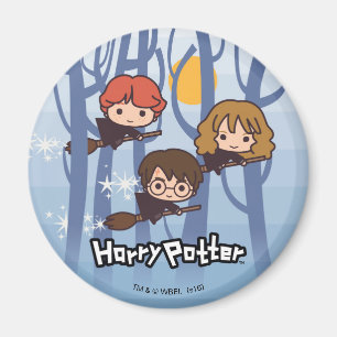 Tecknad Harry, Ron och Hermione flygande i skogen Magnet