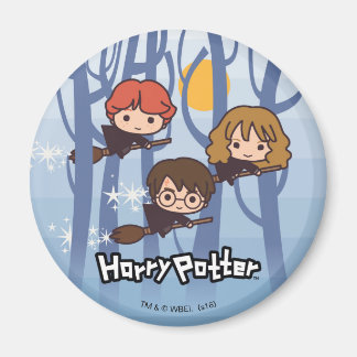 Tecknad Harry, Ron och Hermione flygande i skogen Magnet