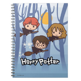 Tecknad Harry, Ron och Hermione som flyger i Skoge Anteckningsbok
