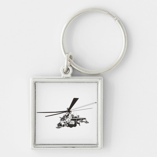 Tecknad Helicopter ’Hind’ Fyrkantig Silverfärgad Nyckelring (Framsidan)