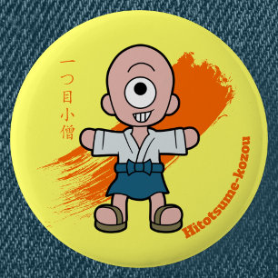 Tecknad Hitotsume-Kozo Yokai Japansk Folklore Knapp