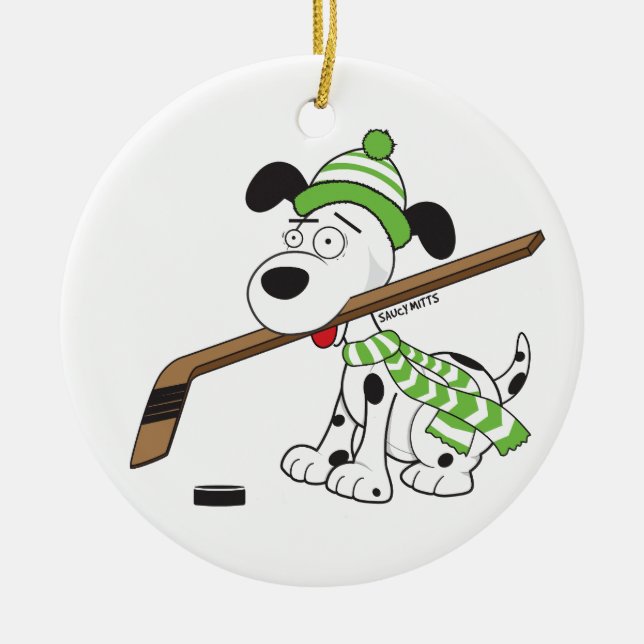 Tecknad Hockey Hund Grönt Scarf juldeka Julgransprydnad Keramik (Framsidan)