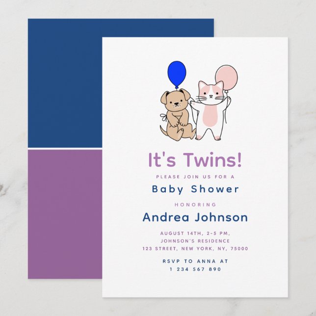Tecknad hund Cat Rosa Blue Balloon Twin Baby Showe Inbjudningar (Fram/baksida)
