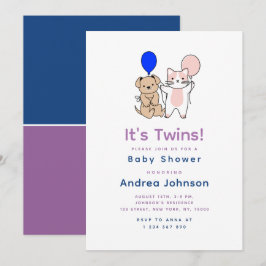 Tecknad hund Cat Rosa Blue Balloon Twin Baby Showe Inbjudningar