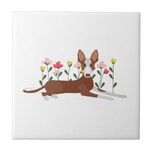 Tecknad hund i Rosa och Gula blommor Kakelplatta