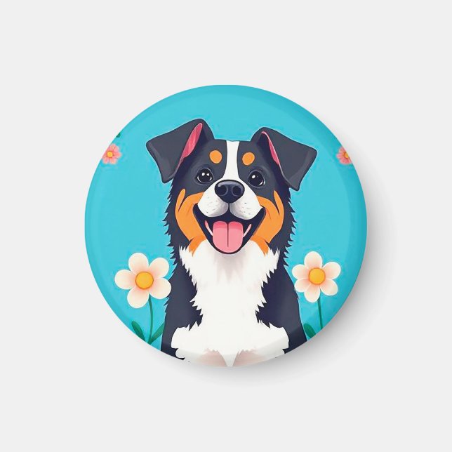 Tecknad hund omgiven av blommor magnet (Framsidan)