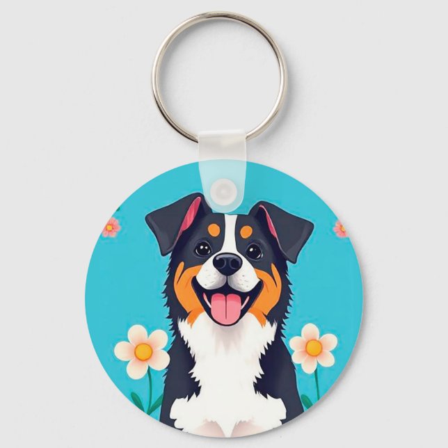 Tecknad hund omgiven av blommor nyckelring (Framsida)