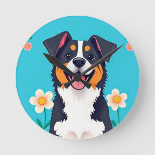 Tecknad hund omgiven av blommor rund klocka