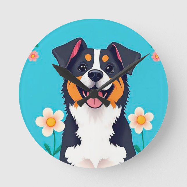 Tecknad hund omgiven av blommor rund klocka (Framsida)