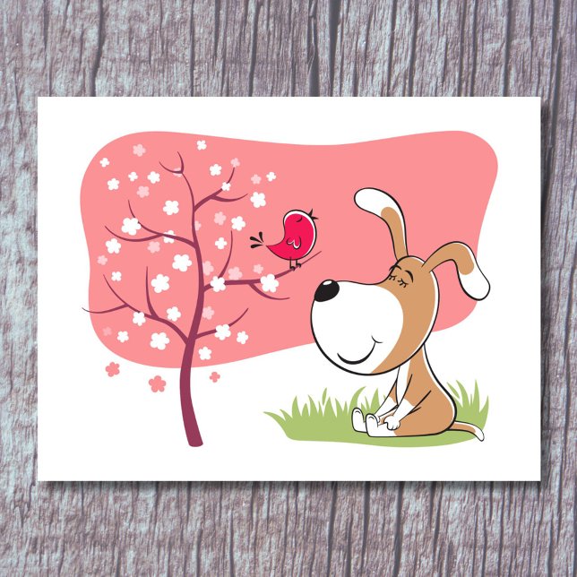 Tecknad hund Puppy Bird Blommar Rosa Flower Träd Vykort (Skapare uppladdad)