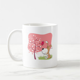 Tecknad hund Puppy Bird Bloom Flower Rosa Grönt Mu Kaffemugg