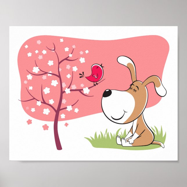 Tecknad hund Puppy Bird Flower Blooming Rosa Vår Poster (Framsidan)