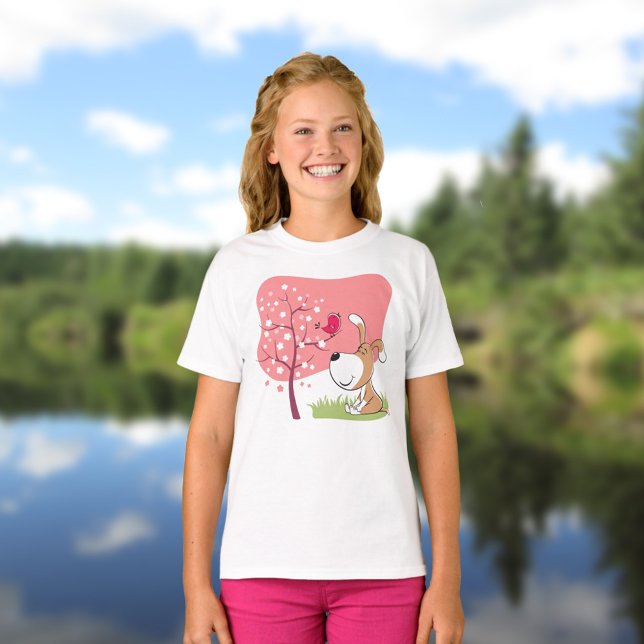 Tecknad hund Puppy Bird Flower Blooming Rosa Vår T Shirt (Skapare uppladdad)