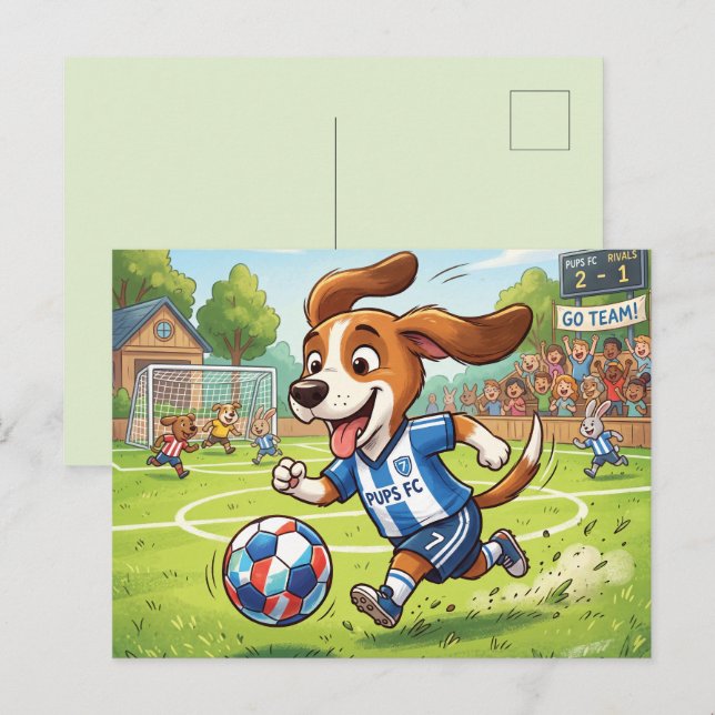 Tecknad hund som spelar fotboll helg vykort (Fram/baksida)