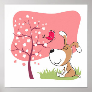 Tecknad hund valp fågel blommar blomma rosa vår poster