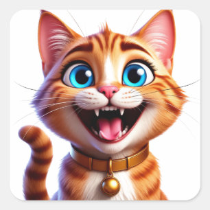 Tecknad husdjurskatt med blå ögon glad uttryck 😸 fyrkantigt klistermärke