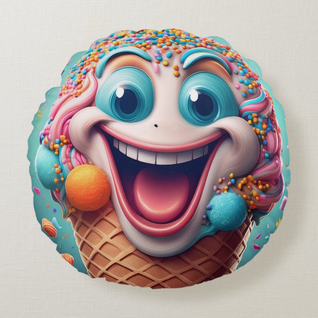 Tecknad Ice Cream Cone Round Pillow - Whimsime Rund Kudde (Framsidan)