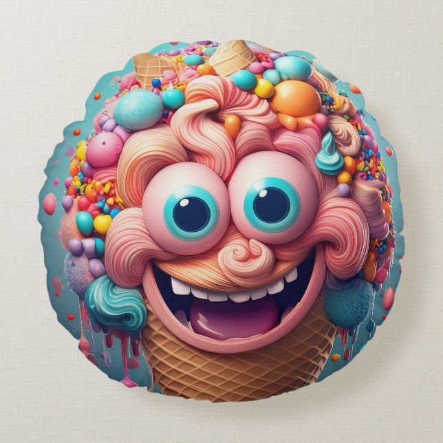 Tecknad Ice Cream Cone Round Pillow - Whimsime Rund Kudde (Framsidan)